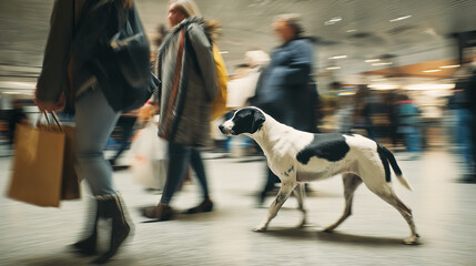 Dog walks through a busy shopping mall interior. Shoppers pass by as motion blur adds energy.