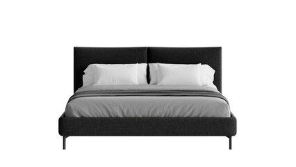 Black bed with a comforter and pillows on an isolated background.