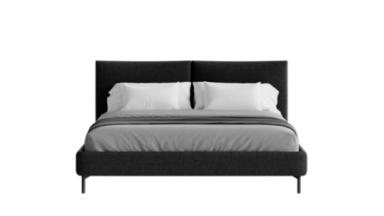 Black bed with a comforter and pillows on an isolated background.