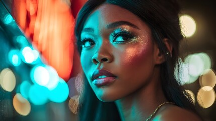 Futuristic beauty portrait of a woman with glitter makeup under vibrant neon lights.