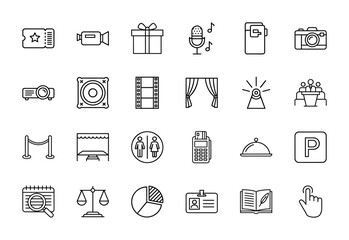 Fototapeta premium Business and entertainment line icon set. Vector pictograms of ticket, camera, microphone, projector, gift, film strip, POS terminal, chart, and book, thin linear illustration.