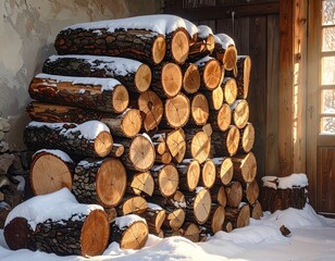 Snow Covered Wooden Logs Stacked in Rustic Setting