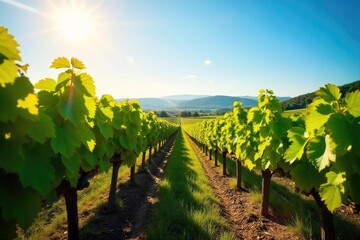 Naklejka premium Sun-drenched rows of ripening grapes stretching to the horizon at a picturesque vineyard winery, ready for harvest Lush greenery, rolling hills, and clear blue sky , viticulture, farmland