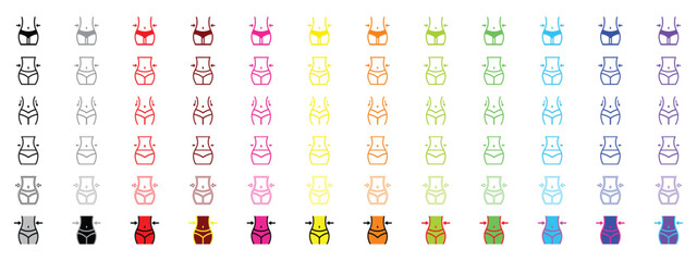 Weight Loss Line Icon Set Slimming and Waistline Reduction Symbols - Full Color, Outline and Solid Collection.