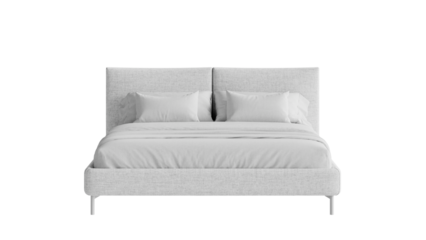 Front view of a white bed with a comforter and pillows on a transparent background.