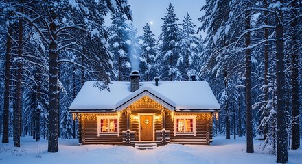 Cozy Log Cabin in Snowy Forest at Dusk.