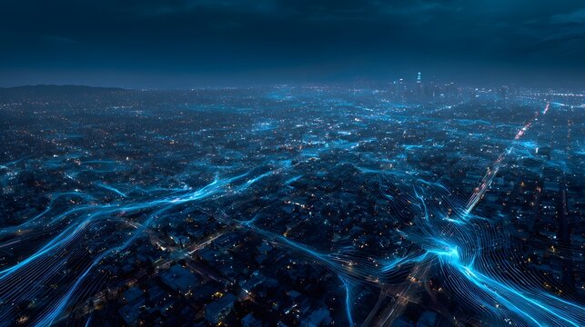 Futuristic Cityscape with Glowing Blue Network Lines at Night.