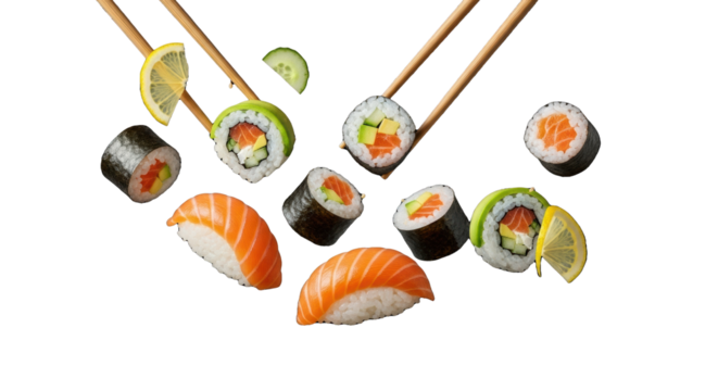 Exquisite fresh japanese sushi (maki, uramaki, nigiri) with salmon, avocado, lemon, and chopsticks suspended on black. Concept for high-end commercial food