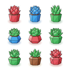 A charming and artistic array of stylized succulent plants presented in a variety of colorful geometric pots, ideal for modern graphic design, home decor themes, or playful digital projects