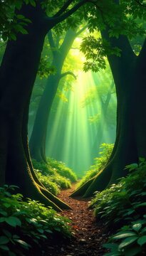 Sunlight dapples through the leaves of a lush, ancient forest  Discover tranquility and serenity in this breathtaking natural scene, perfect for nature-themed projects  , trunk, undergrowth
