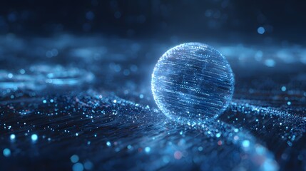 Futuristic glowing blue digital sphere on an abstract data landscape.
