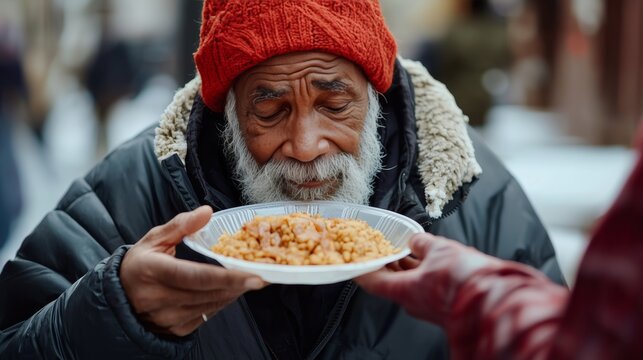 Volunteer giving meal to tired elderly homeless African man on winter street for charity promotion, poverty awareness, and humanitarian storytelling
