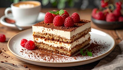 Tiramisu slice on plate, cafe setting, raspberries on top berry