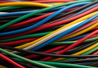 Intertwined network of vibrant multicolored electrical wiring bundle