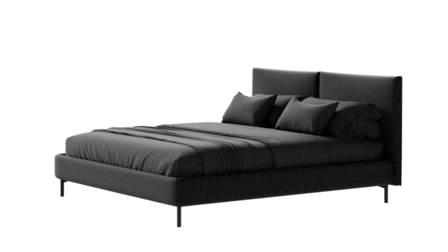 Modern black double bed on an isolated background. Furniture for collages, graphics designs, and presentations.