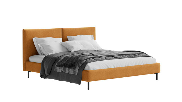 Contemporary orange double bed with comforter and pillows on an isolated background. 