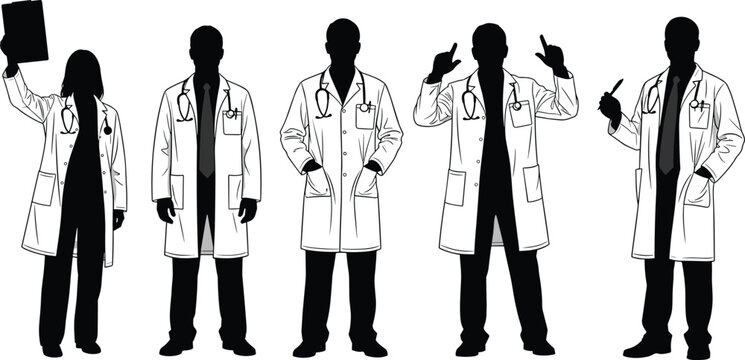 Doctor silhouette set, medical professional icon, stethoscope pose, lab coat figure, healthcare expert, black white graphic, clinical stance - Powered by Adobe