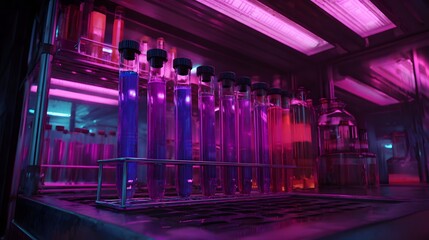 Futuristic Science Laboratory with Glowing Blue Liquid in Test Tubes.