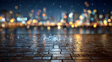 Wet city street pavement glowing under falling rain with blurred colorful lights of urban skyline reflecting on the surface during nighttime ambiance