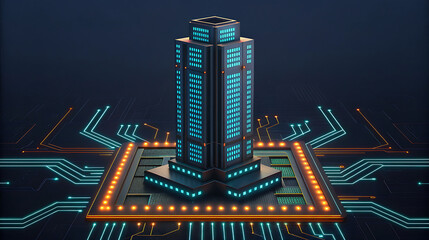 Futuristic skyscraper processor with glowing circuit board