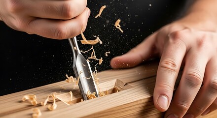 Artisan's precision: shaping wood with focus and skill creates art with chisel movement in a woodworking practice
