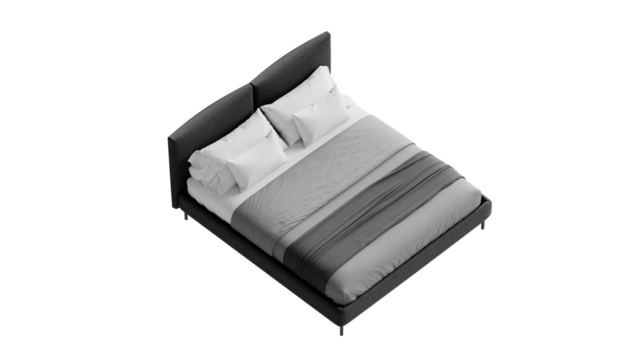 Back double bed with a comforter and pillows on an isolated background.