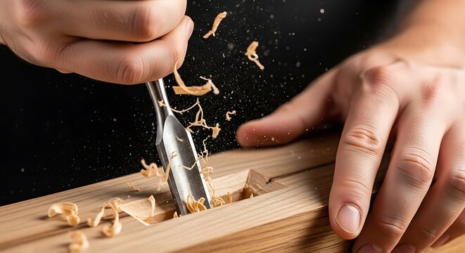 Artisan's precision: shaping wood with focus and skill creates art with chisel movement in a woodworking practice