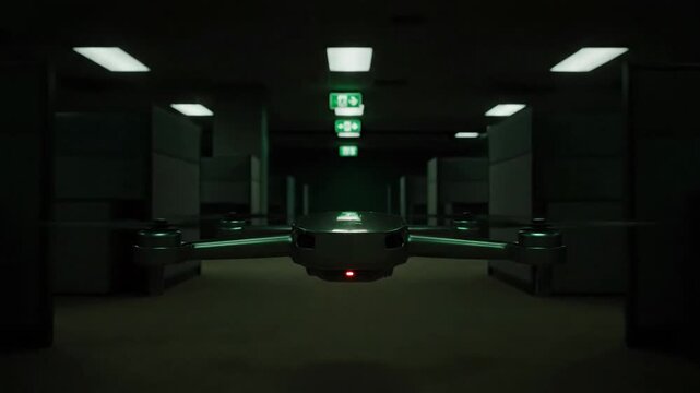 Drone flies through dark corridor with exit signs ahead - Powered by Adobe