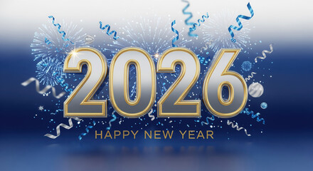 2026 Happy New Year Fireworks Celebration With Blue Ribbons image photo