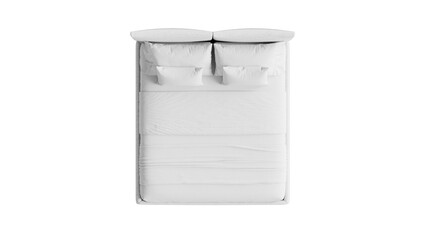Top view of a white bed with a comforter and pillows on an isolated background.