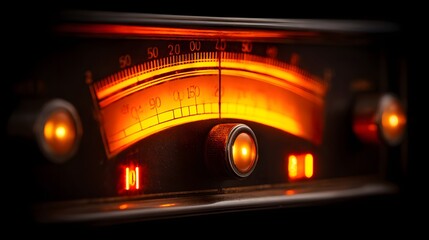 Glowing orange dial of a vintage analog radio receiver.