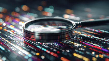 Magnifying glass focusing on lines of colorful computer code symbolizing software analysis and digital investigation with a blurred background effect