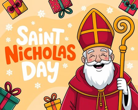 Happy saint nicholas day celebration with cartoon character and gifts