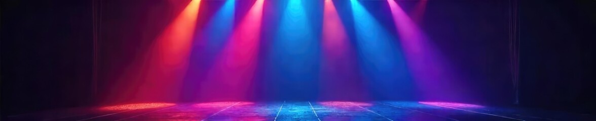 Vibrant stage lights illuminate a dark stage, creating dynamic beams and colorful patterns perfect for concert, theatre, or performance backgrounds , club, dark stage