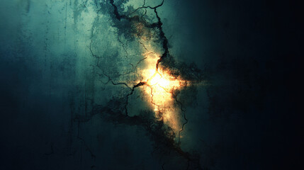 Dark cracked wall with glowing light breaking through, creating intriguing visual effect. contrast between darkness and light