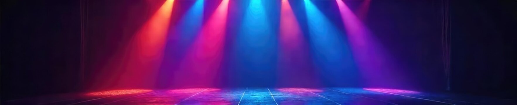 Vibrant stage lights illuminate a dark stage, creating dynamic beams and colorful patterns perfect for concert, theatre, or performance backgrounds , club, dark stage