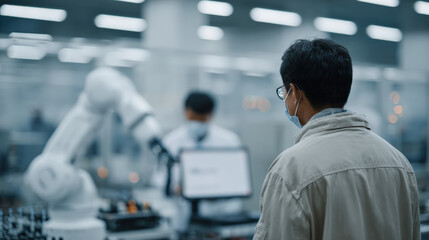 Human worker observes advanced robotic arm modern laboratory setting, showcasing collaboration between technology and human