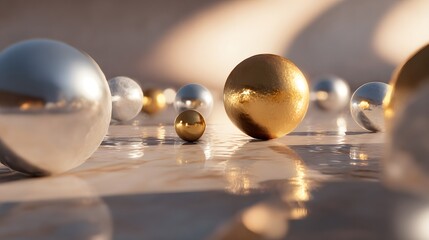 Golden and Silver Spheres Reflecting Light on a Polished Surface.