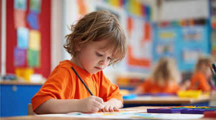 Child painting picture in bright classroom, focused on art, creativity, and learning experience