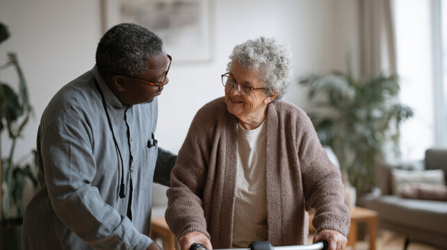 Caring caregiver assisting senior woman with walker in cozy living room, showcasing warmth and support - Powered by Adobe