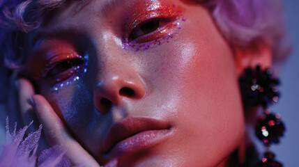 Bold futuristic makeup enhances model features with vibrant colors and glitter, creating striking visual impact