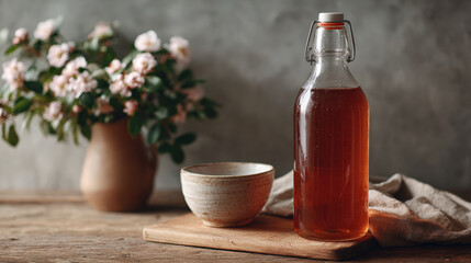 Fermented kombucha bottle with probiotic drink beside bowl and flowers, creating cozy atmosphere