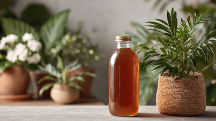 Fermented kombucha bottle with probiotic content, surrounded by lush greenery, evokes sense of wellness and natural living