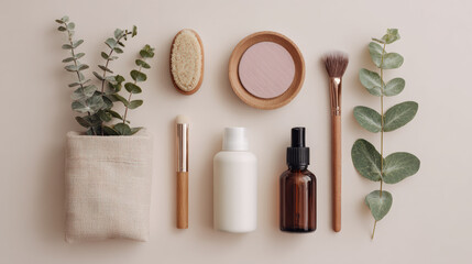 Natural beauty products arranged flat lay with soft neutral tones, featuring brushes, bottles, and greenery for calming