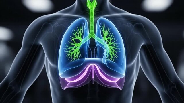 Human Respiratory System Anatomy Animation: Lungs and Diaphragm Movement During Breathing Cycle