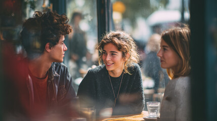 Friends chatting casually at street cafe, enjoying warm atmosphere and sharing smiles