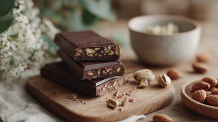 Delicious chocolate bar with pistachios and almonds, beautifully arranged wooden board, evokes sense of indulgence and natural
