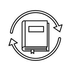 Black and white line art icon representing book recycling or exchange with circular arrows isolated on