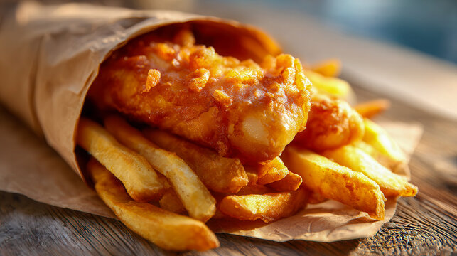 Golden crispy battered fish fillets served with thick-cut fried potatoes wrapped in rustic paper on a wooden surface with soft natural lighting