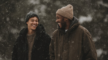 Cozy winter scene featuring joyful LGBTQ couple enjoying snowy stroll, sharing laughter and warmth together